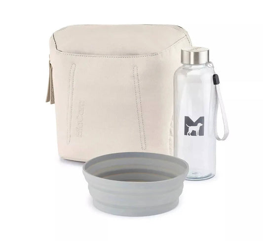 Dog walking bag set with water bottle and bowl