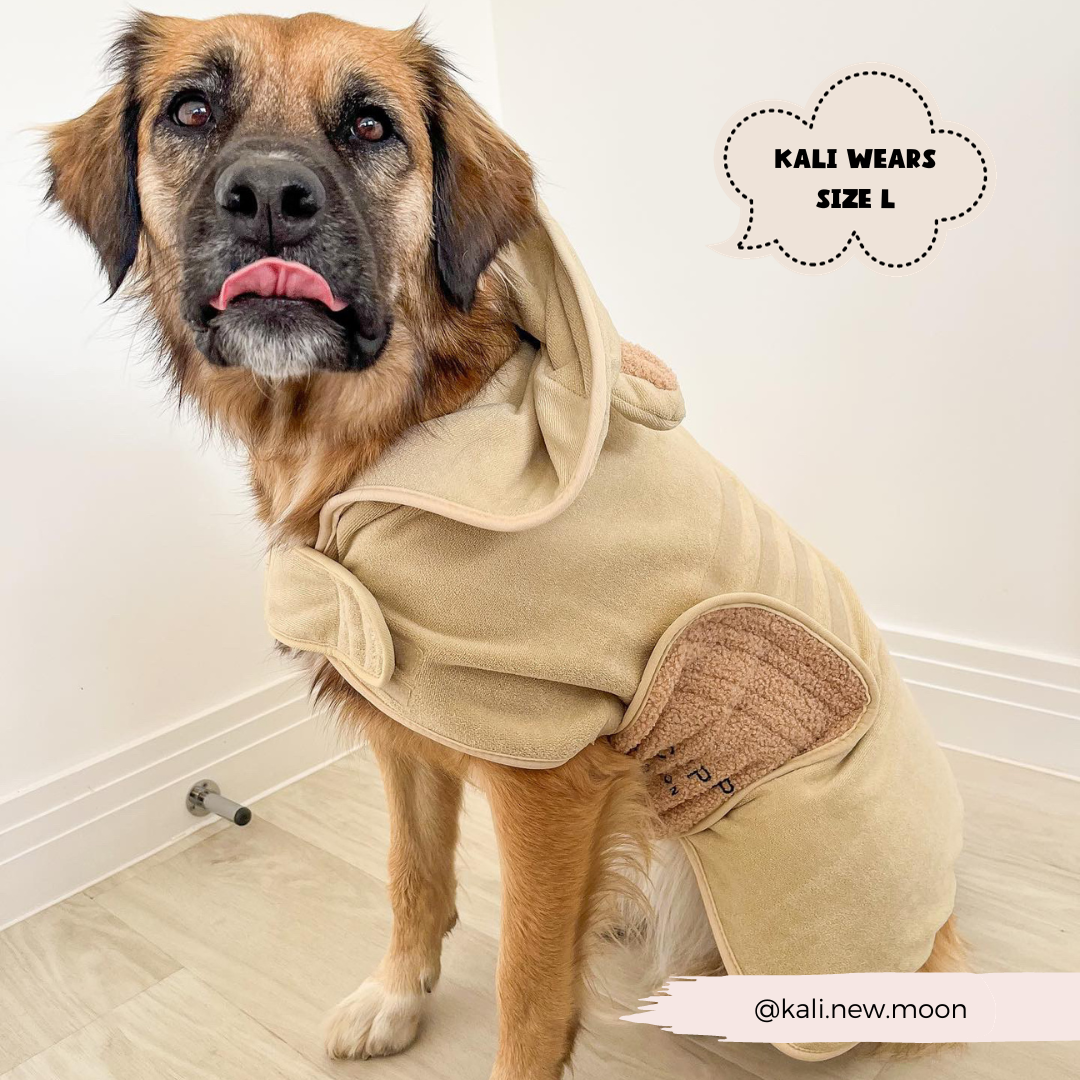Fashion-forward bath robe keeping dogs dry and comfortable