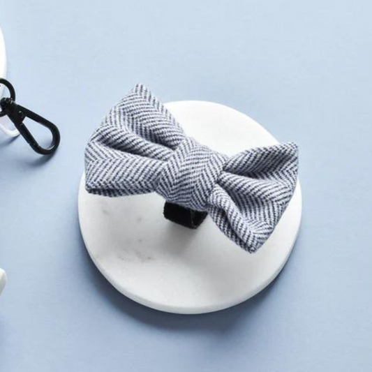 Elegant Navy Tweed Dog Bow Tie in classic herringbone