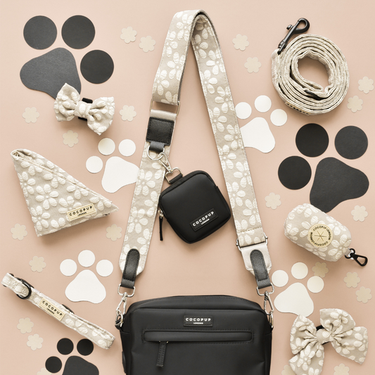 Best Dog Walking Bags - Luxe Black Bag with Mocha Flower Strap