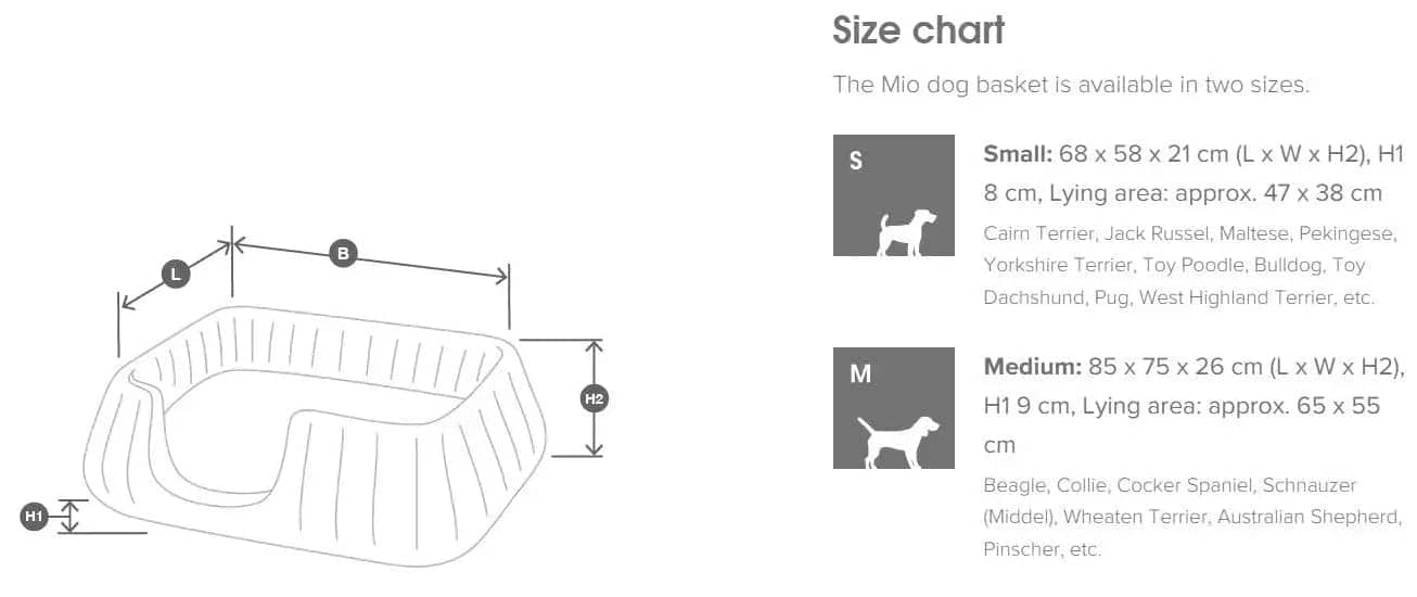 MiaCara dog beds size chart