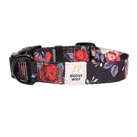 Medium-sized dog wearing Wild Rose Dog Collar in a garden